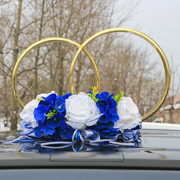 Кольца на свадебную машину Поцелуй бабочки (с розами) (синий)