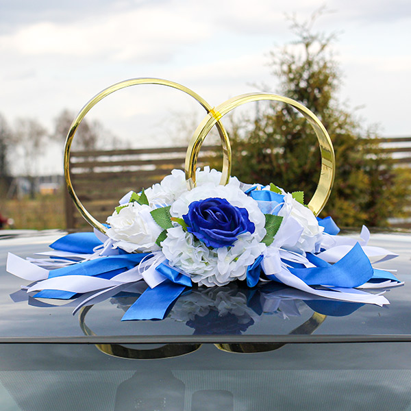 Кольца на свадебную машину Романс любви (белые гортензии/синие розы)