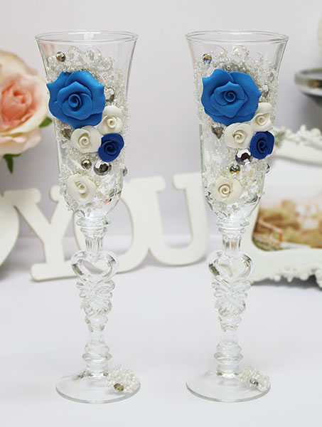 Свадебные бокалы с цветами из полимерной глины